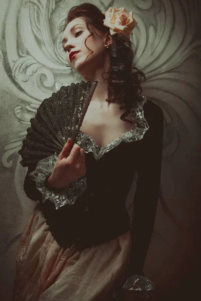 Beautiful Young Woman Posing Black Corset Baroque Rococo — Stock Photo, Image