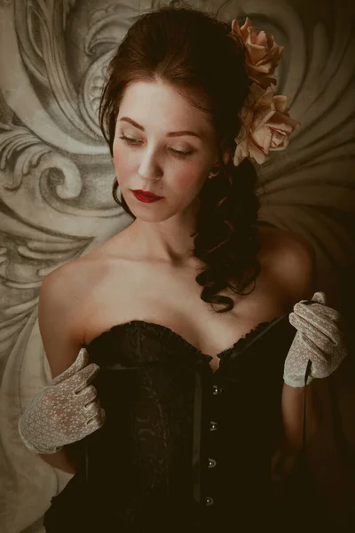 Beautiful Young Woman Posing Black Corset Baroque Rococo — Stock Photo, Image