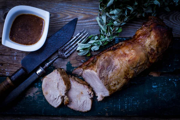 Preparing Pork Tenderloin Mustard Honey Sauce — Stock Photo, Image