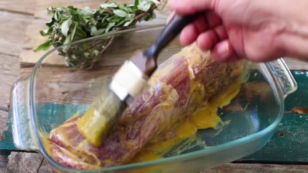 Przygotowywanie Polędwiczki Wieprzowe Sosem Musztardy Miód — Wideo stockowe
