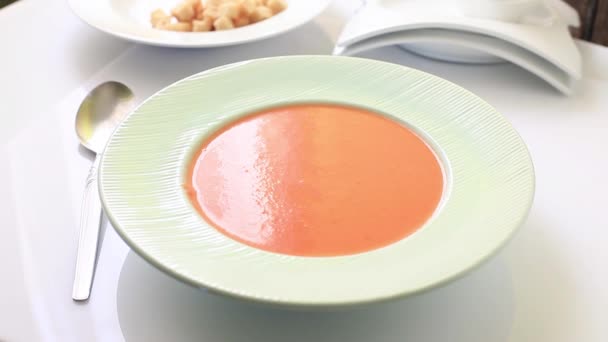 Spanish homemade tomato cold soup on bowl — Stock Footage Spanish Homemade Tomato Cold Soup Bowl Stock Footage