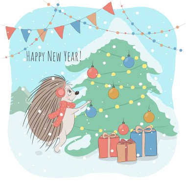 Noel ve yeni yıl vektör çizim ile sevimli kirpi dekorasyon köknar ağacı ve Happy New Year ifade. Çocuklar kartları poster, kitap esnaf ve diğer tasarım projesi için mükemmel. Eps10.