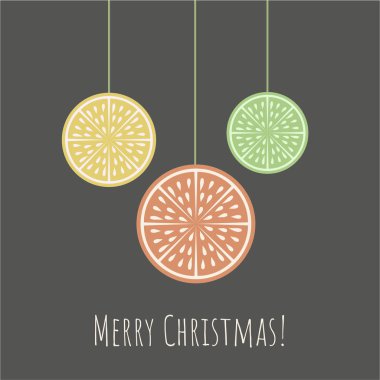 Narenciye dilim ve Merry Christmas ifade koyu arka plan üzerinde Noel tebrik kartı. Retro style.Organic kavramı. Kartları, afiş ve diğer tasarım projeleri için mükemmel. Vector.Eps 10