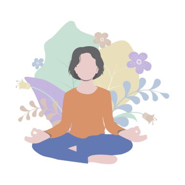 Genç kadın yoga assana, lotus pozisyonu, meditasyon pratiği yapıyor. Basit düz örnek çiçek arka plan ile. Kartları, posterler, baskılar ve web projeleri için mükemmel. Vektör. Eps10