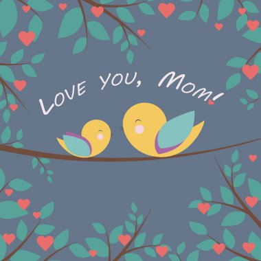 Mutlu anneler günü tebrik kartı tasarımı mutlu kuşlar bir dalda oturma pozitif görüntü ile. Davet, dizüstü bilgisayarlar, kapakları, afiş, scrapbooking için yaratıcı kompozisyon için mükemmel. Vector.Eps10