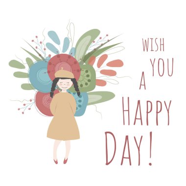 Bir kız renkli bahar çiçekleri büyük bir buket tutuyor. Vektör çizim beyaz res, mavi, sarı ve yeşil renkleri ile mutlu bir gün diliyorum! ifade! Mükemmel tebrik kartları, posterler için.