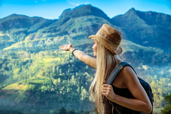 Happy Young Traveler Girl Showing Hand Great Mountain Covered Dense — Stock Photo, Image