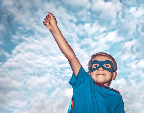 Portrait Little Boy Wearing Costume Superhero Raised One Hand Sky — Stock Photo, Image