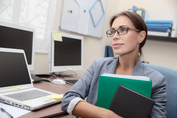 Portrait Business Woman Work Long Hours Work Office Clever Serious — Stock Photo, Image