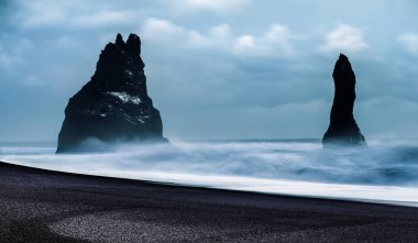 Iceland, amazing view on black sand beach of Vik Myrdal, exotic winter travel to Scandinavia clipart