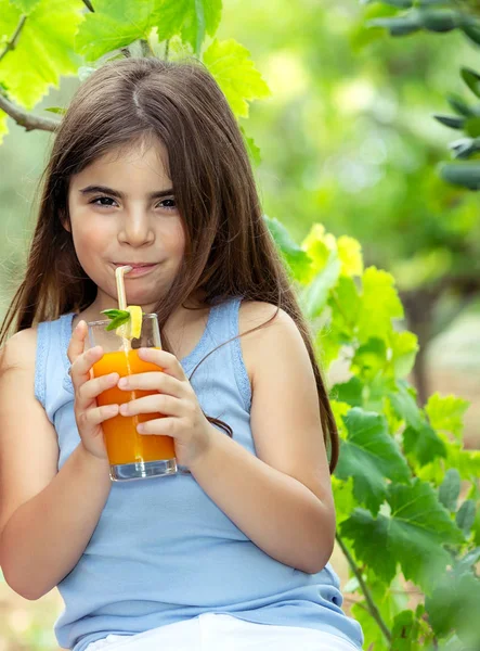 Menina feliz beber suco — Fotografia de Stock