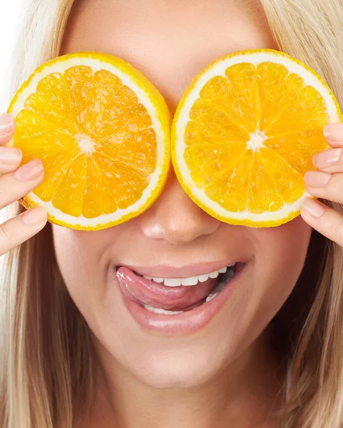 Portrait Happy Funny Girl Covering Her Eyes Orange Slices Making — Stock Photo, Image