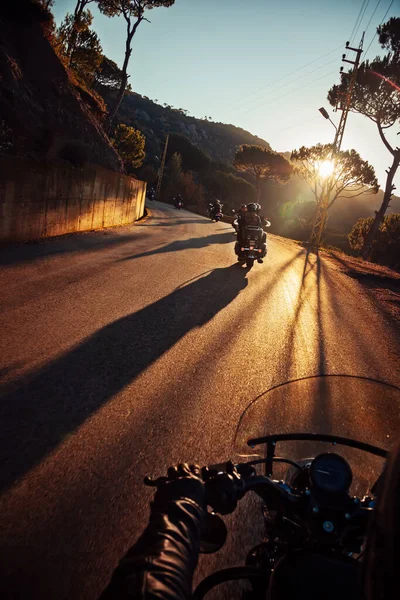 Bikers Riding Mountainous Highway Ride Adventure Sunset Summer Outdoor Activity — Stock Photo, Image