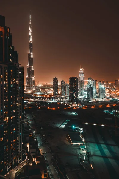 Beau Paysage Urbain Nocturne Dubaï Haut Bâtiment Monde Lumières Nocturnes — Photo