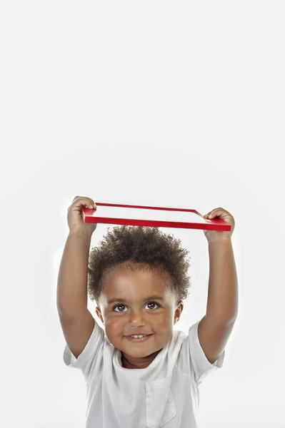 Portrait Cute Little African American Boy Red Frame Hands Isolated — Stock Photo, Image