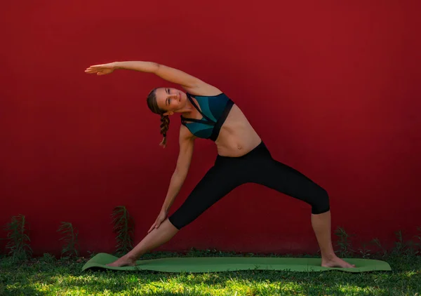 Bella Donna Che Stretching All Aperto Pratica Mattutina Yoga Nel — Foto Stock