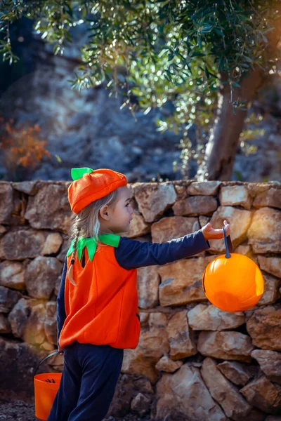 Celebración Halloween Niza Pequeño Bebé Vestido Con Traje Personaje Calabaza — Foto de Stock