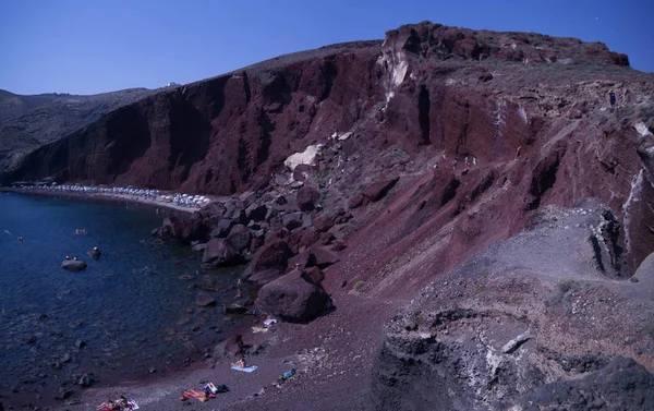 Pohled Santorini Řecko Slunce Modrá Obloha Moře Skály — Stock fotografie