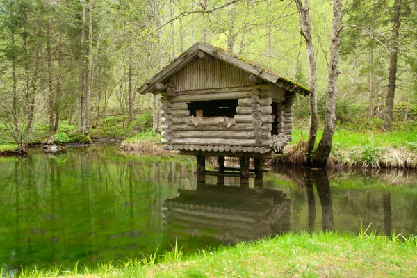 Vodní Dům Jeho Reflexe Mezi Stromy — Stock fotografie