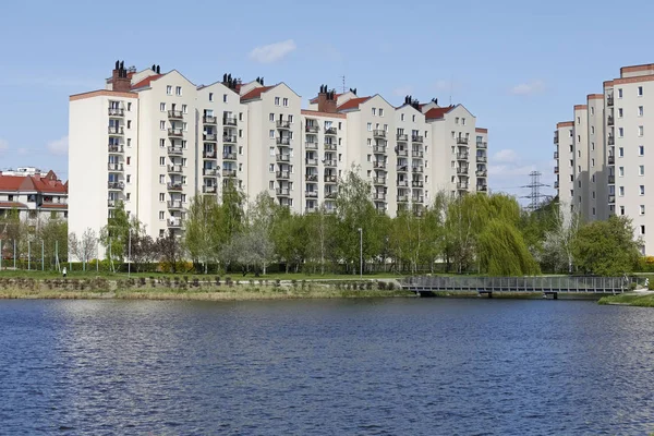 Warsaw Poland April 2018 Multi Storey Residential Buildings Overlooking Lake Royalty Free Stock Photos