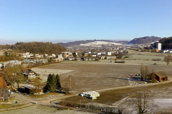 Berna Suíça Fevereiro 2018 Áreas Agrícolas Edifícios Bosques Colinas Nas — Fotografia de Stock