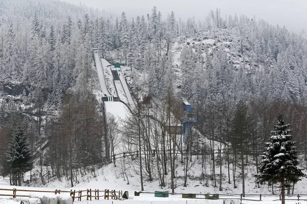 Zakopane Poland March 2018 Three Ski Jumps Seen Natural Hillside — Stock Photo, Image