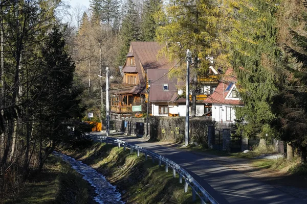 Przez potok znajdują się domy mieszkalne — Zdjęcie stockowe