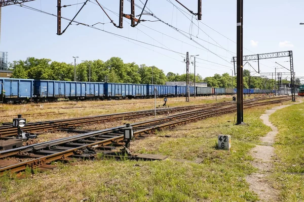 Грузовой поезд припаркован на железнодорожном переходе — стоковое фото