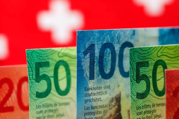 Symbols Swiss Flag Seen Swiss Banknotes Various Denominations New Banknotes — Stock Photo, Image