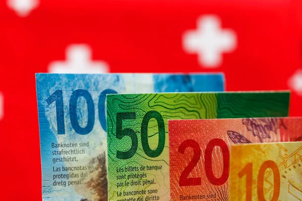 Four Swiss Banknotes Various Denominations New Banknotes Eighth Series Banknotes — Stock Photo, Image