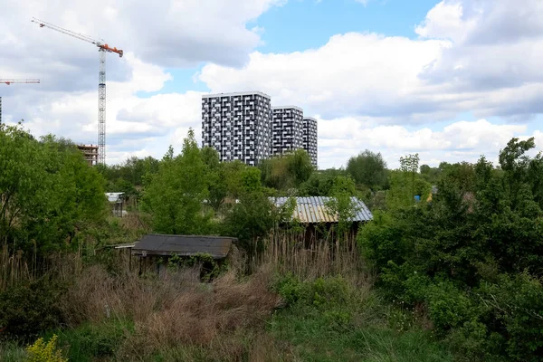 Warsaw Poland May 2020 Allotment Gardens Contemporary Housing Visible Distance — Stock Photo, Image