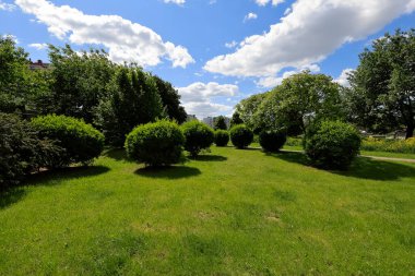 Çimler, çalılar ve ağaçlar Varşova 'da Goclaw adlı bir konutun park alanlarının bir parçasıdır..