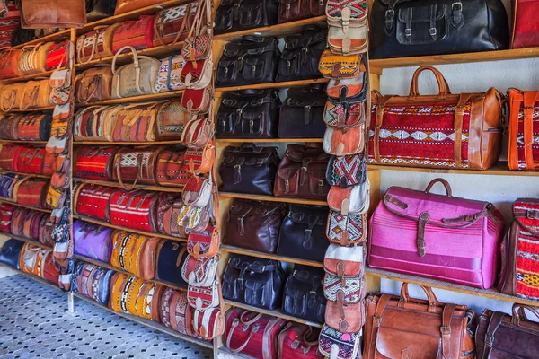 Moroccan Leather Goods Bags Metal Ornaments Souk Market Tannery Fes — Stock Photo, Image