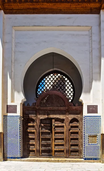 Ornate Cedar Carved Moorish Arch Gate Decorated Mosaic Medina Fes — Stock Photo, Image