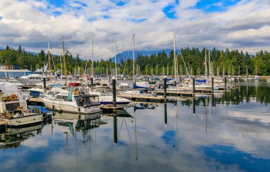 Stanley Parkı ve Grouse Mountain bulutlu bir gün içinde belgili tanımlık geçmiş kömür Harbor'da Vancouver, Kanada - 04 Ağustos 2018 - lüks tekneler yanaştı