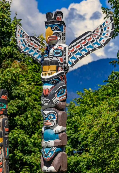 First Nations American Indian thunderbird totem pole at Brockton Point in Stanley Park in Vancouver, Canada