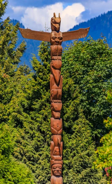First Nations American Indian totem poles at Brockton Point in Stanley Park in Vancouver, Canada
