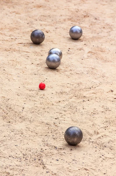 Metal Petanque Balls Small Wooden Jack Cochonnet Sand Cannes France — Stock Photo, Image