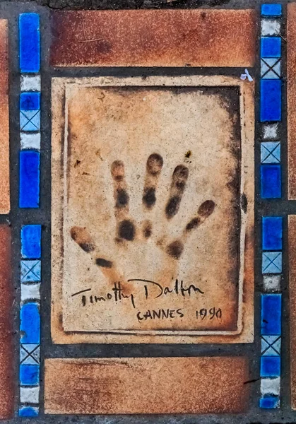 Cannes, France - October 18, 2013: Hand print of Timothy Dalton on the Cannes Walk Of Fame