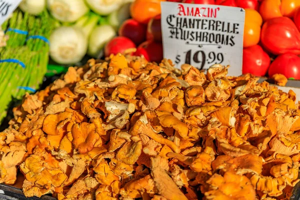 Fresh Wild Chanterelle Mushrooms Sale Pike Place Market Seattle Washington — Stock Photo, Image
