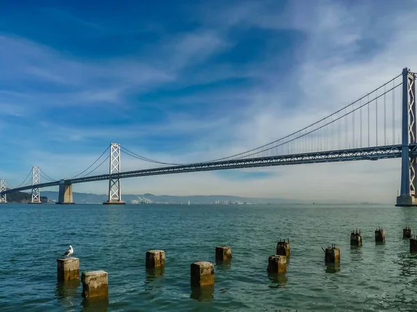San Francisco Bay Bridge Old Posts Foreground Lonely Seagull — Stock Photo, Image