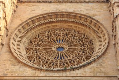 Gül pencere Katedrali, Santa Maria ve Palma (Cathedral St. Mary Palma) veya La Seu, Palma de Mallorca Balear Adaları İspanya Mallorca'da bir Gotik Roman Katolik Katedrali