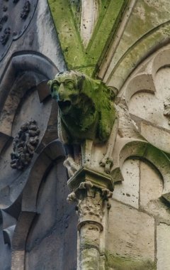 Gotik gargoyles kaplı moss ünlü Notre Dame de Paris Katedrali Paris cephesinde, Fransa