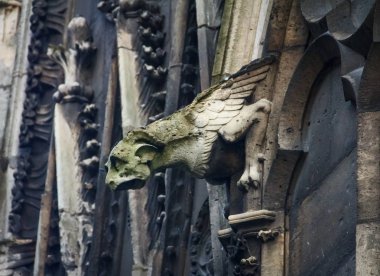 Gotik gargoyles kaplı moss ünlü Notre Dame de Paris Katedrali Paris cephesinde, Fransa
