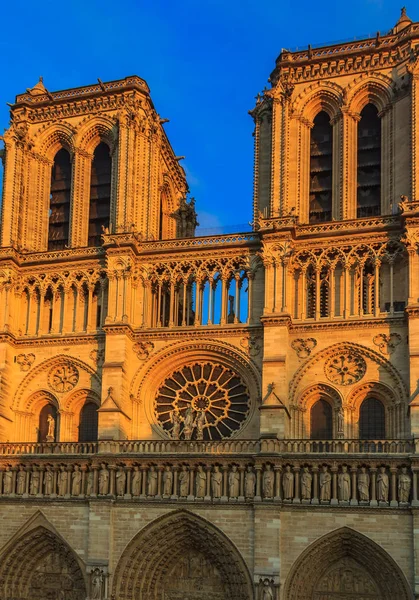 Details of the main facade of Notre Dame de Paris Cathedral facade with the oldest rose window and ornate tracery colored by the warm light of sunset