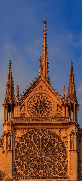 Details of the southern facade of Notre Dame de Paris Cathedral facade with the rose window and ornate spires colored by the warm light of sunset