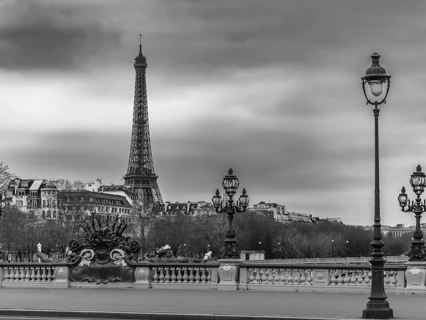 Paisagem urbana temperamental com ponte Pont Alexandre III, rio Sena e Torre Eiffel em Paris, França em preto e branco — Fotografia de Stock