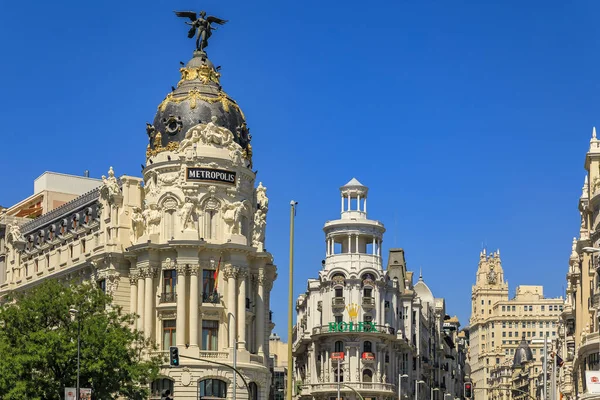 Metropolis and Edificio Grassy or the Rolex building, most beautiful buildings on Gran Via shopping street Madrid, Spain — Stock Photo, Image