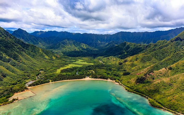 Flyg Panoramautsikt Över Oahu Kusten Och Bergen Honolulu Hawaii Från — Stockfoto