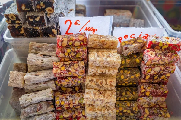 Selection Turkish Delight Rahat Lokum Candy Display Outdoor Farmer Market — Stock Photo, Image